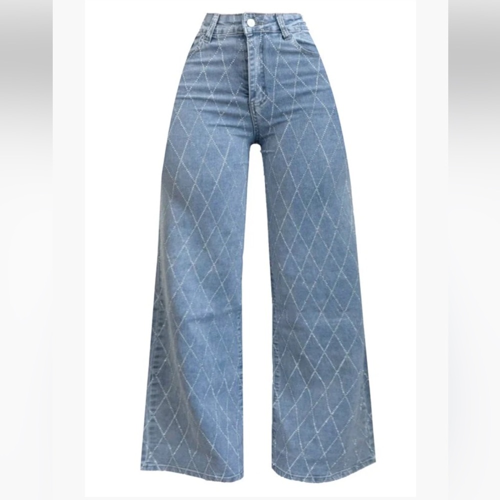Avec Les Filles Wide/ leg denim jeans with rhinestone diamond pattern !!!!